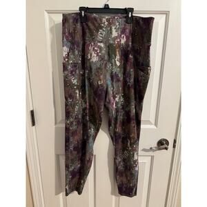 Tahari Sport High Waist 7/8 Leggings Pockets Watercolor Green Purple Plus 2X